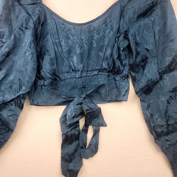 Band Of The Free Deep Teal Floral Jacquard Crossover Long Sleeve Crop Top Small - Picture 4 of 11
